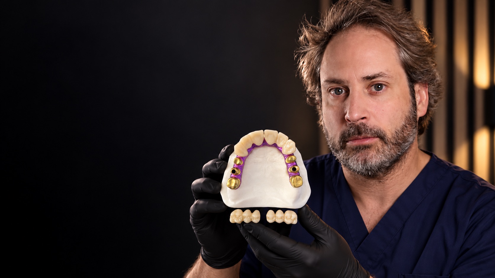 Profesional mostrando una prótesis tipo Toronto sobre implantes